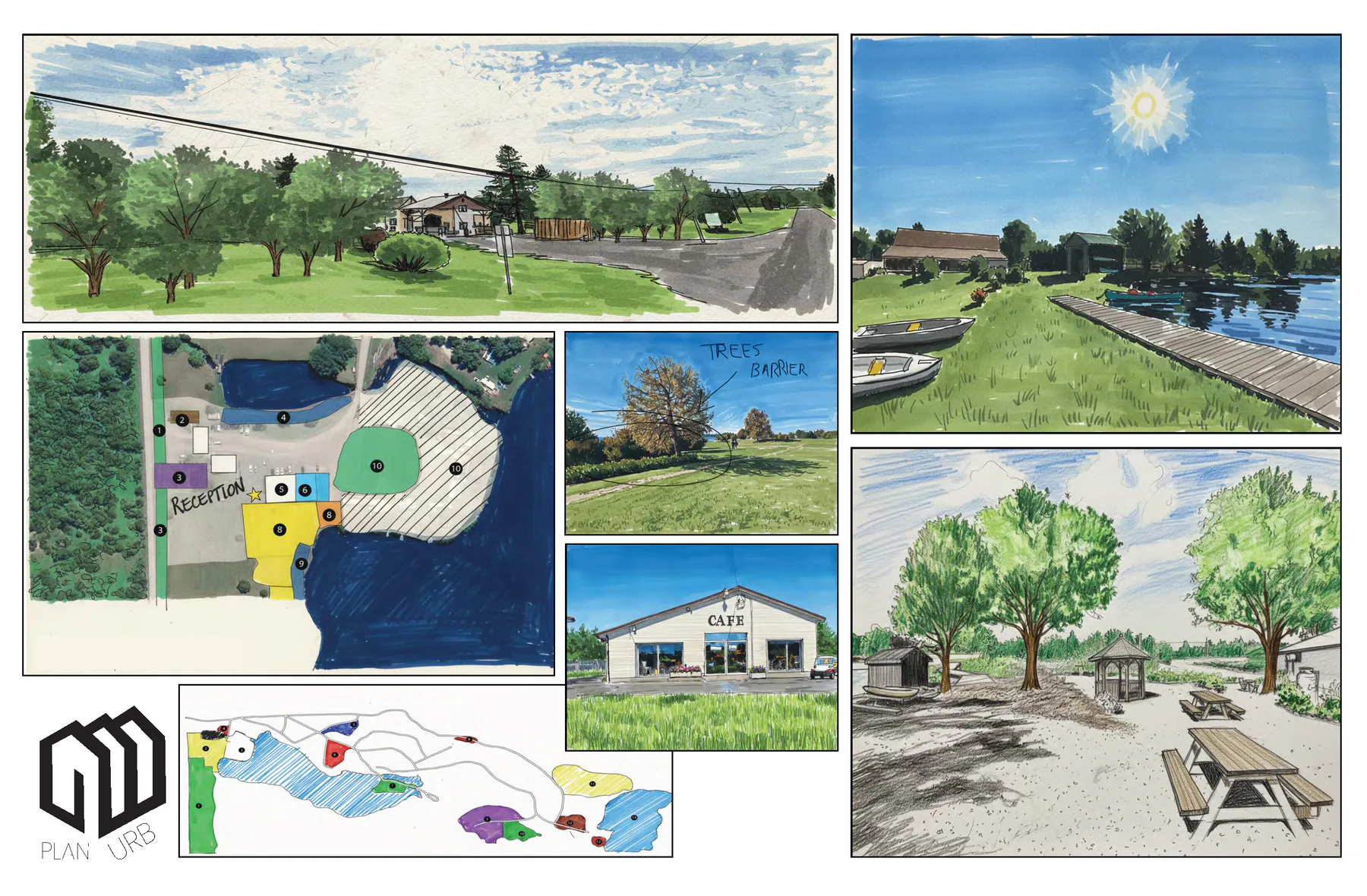 Planche de concepts d’aménagement pour un site de camping