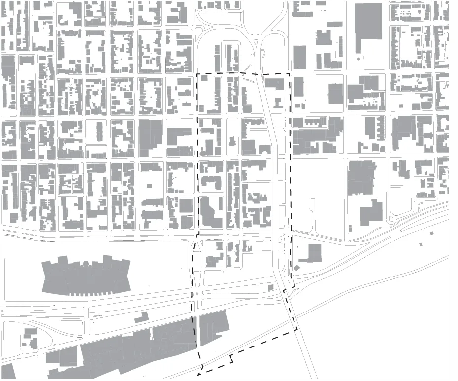 Carte urbaine monochrome délimitant un secteur d’étude